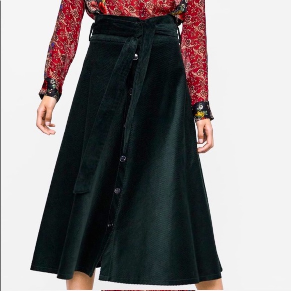 Zara Green Corduroy Midi Skirt